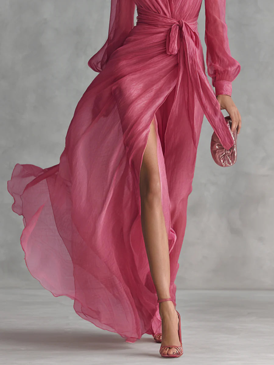 Beatrice | Elegant Chiffon V-Neck Dress with Tie Belt
