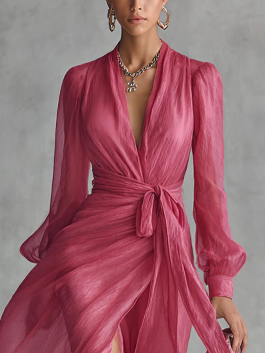 Beatrice | Elegant Chiffon V-Neck Dress with Tie Belt