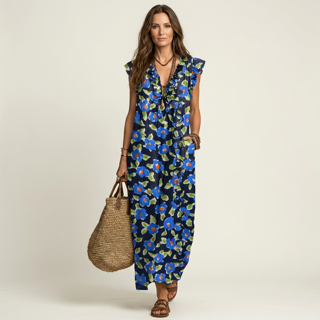 Josette | Ruffle V-Neck Linen Maxi Dress 2