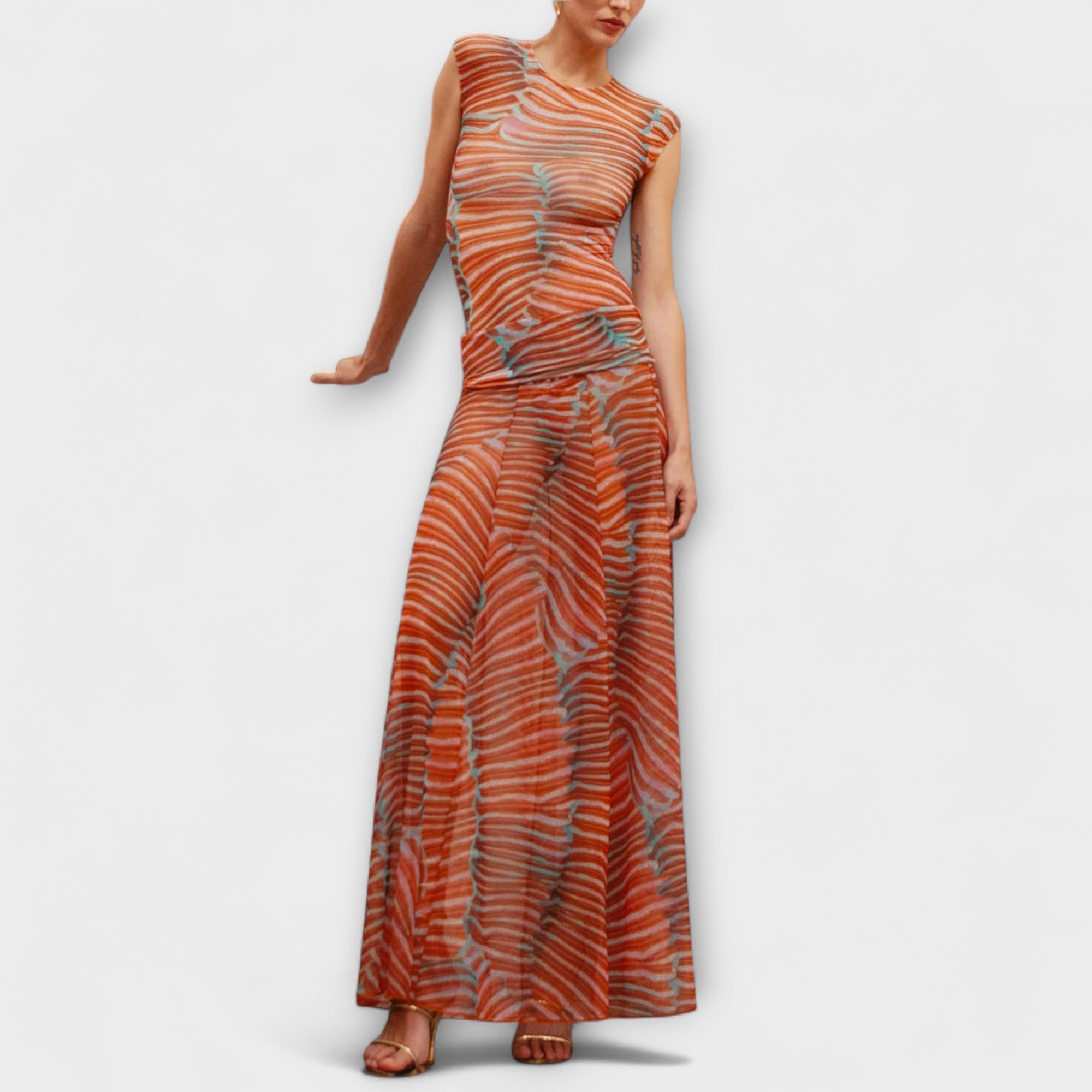 Phoenix – Shimmering Wave Mesh Bodysuit and Skirt Ensemble