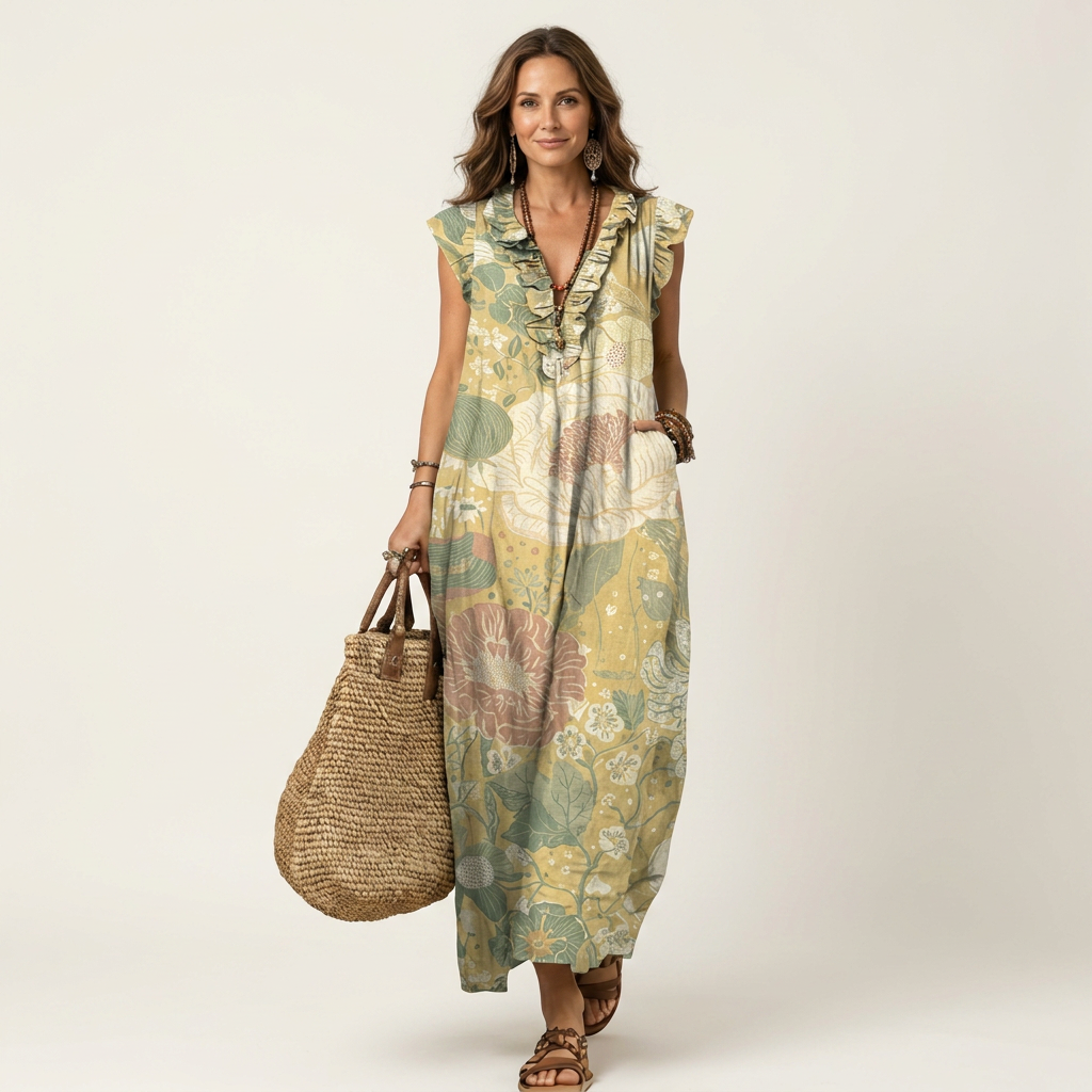 Josette | Ruffle V-Neck Linen Maxi Dress 13